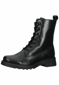 Black leather ankle boot with a smooth finish, round toe, lace-up front, and textured rubber sole. Features a pull tab at the back.