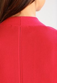 Geribbeld rood gebreid kledingstuk met een hoge halslijn en een rugnaad met kleine oogjesdetails. Zachte textuur en aansluitend ontwerp.