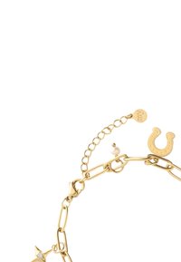 Bracciale in oro con anelli a catena ovali, un ciondolo a stella con pietra di strass, un ciondolo a forma di ferro di cavallo e un piccolo accento di perla bianca.