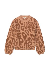 Leopardenmuster-Pullover aus weichem, strukturiertem Stoff. Mit Rundhalsausschnitt und voluminösen Ärmeln. Hauptsächlich hellbraun mit dunkelbraunen Mustern.
