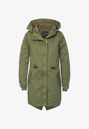 Oliwkowy parka z kapturem, z zamkiem błyskawicznym, elastycznymi mankietami, ściągaczem w pasie i bocznymi kieszeniami. Gładka tekstura i trwały materiał.