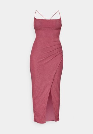 Fitted pink midi dress with thin spaghetti straps, made of shimmery fabric, featuring a side slit and ruched detailing on the front.