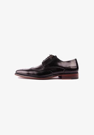 Black leather dress shoe with a rounded toe, decorative perforations, and lace-up closure. Features a brown leather sole with minimal accents.