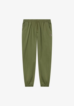 Oliwkowe spodnie dresowe z elastycznym pasem i ściągaczami, bocznymi kieszeniami, sznurkiem oraz małym logo Champion na prawej udzie.