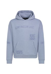 Lichtblauwe sweatshirt met capuchon, gemaakt van een katoenmix, met geborduurde zinnen: "LOVE FAST. DIE LAST." en "HEART OVERDRIVE" in verschillende lettertypen.