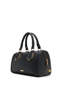 Black leather handbag with gold hardware, rounded shape, dual handles, and zipper detail. Textured finish with accent details on straps.