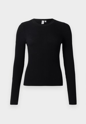Jersey de punto negro de manga larga con cuello redondo, silueta ajustada y textura lisa.