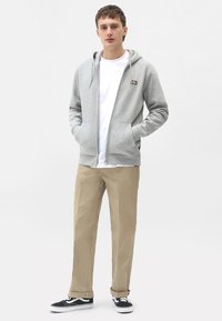 Light gray zip-up hoodie with front pockets, worn over a white shirt. Paired with beige pants and black sneakers, showcasing a casual look.