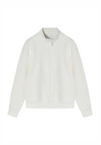 Giacca bianca con zip, colletto alto, polsini a coste e tasche laterali. Realizzata in tessuto morbido con linee pulite e vestibilità rilassata.