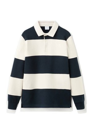Polo à rayures bleu marine et crème avec col, manches longues et patte à trois boutons. Fabriqué en tissu mélangé de coton lisse.