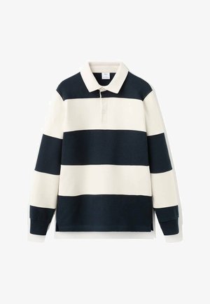 Granatowo-kremowa koszulka polo w paski z kołnierzykiem, długimi rękawami i zapinana na trzy guziki. Wykonana z gładkiej tkaniny z mieszanki bawełny.