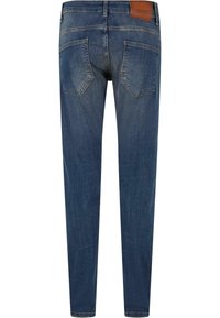 Jeans de mezclilla azul oscuro con cinco bolsillos, costuras visibles y una etiqueta de cuero en la parte posterior de la cintura. Diseño de corte estrecho, acabado ligeramente desgastado.