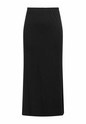 Zwarte maxi rok van zacht, rekbaar materiaal. Heeft een elastische tailleband en een rechte snit met een zijspleet.