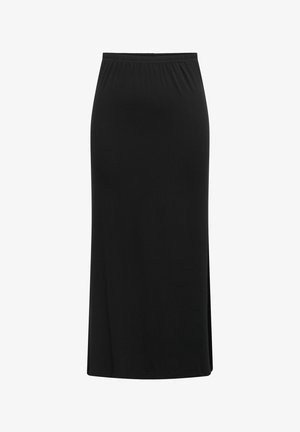 Zwarte maxi rok van zacht, rekbaar materiaal. Heeft een elastische tailleband en een rechte snit met een zijspleet.