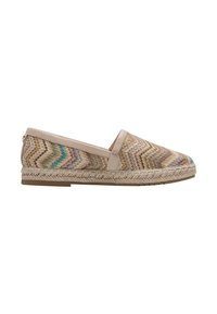 Espadrille plate tissée en tons naturels avec motif zigzag multicolore. Accents en cuir beige et semelle intermédiaire en jute tressé. Silhouette profilée basse.