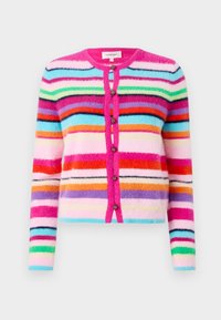 Fuzzy cardigan met meerkleurige horizontale strepen in roze, blauw, groen en oranje. Heeft een ronde halslijn en decoratieve knopen.