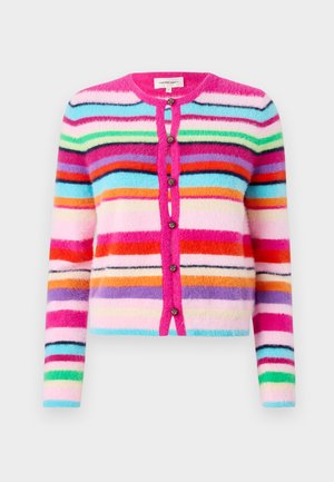 Flauschige Strickjacke mit mehrfarbigen horizontalen Streifen in Pink, Blau, Grün und Orange. Verfügt über einen runden Halsausschnitt und dekorative Knöpfe.
