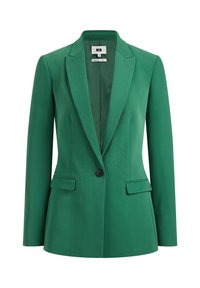 Zielona, dopasowana marynarka z wyciętymi klapami, jednostronnym zapięciem na guzik i dwoma przednimi kieszeniami z patką. Gładka faktura i usztywniona konstrukcja.