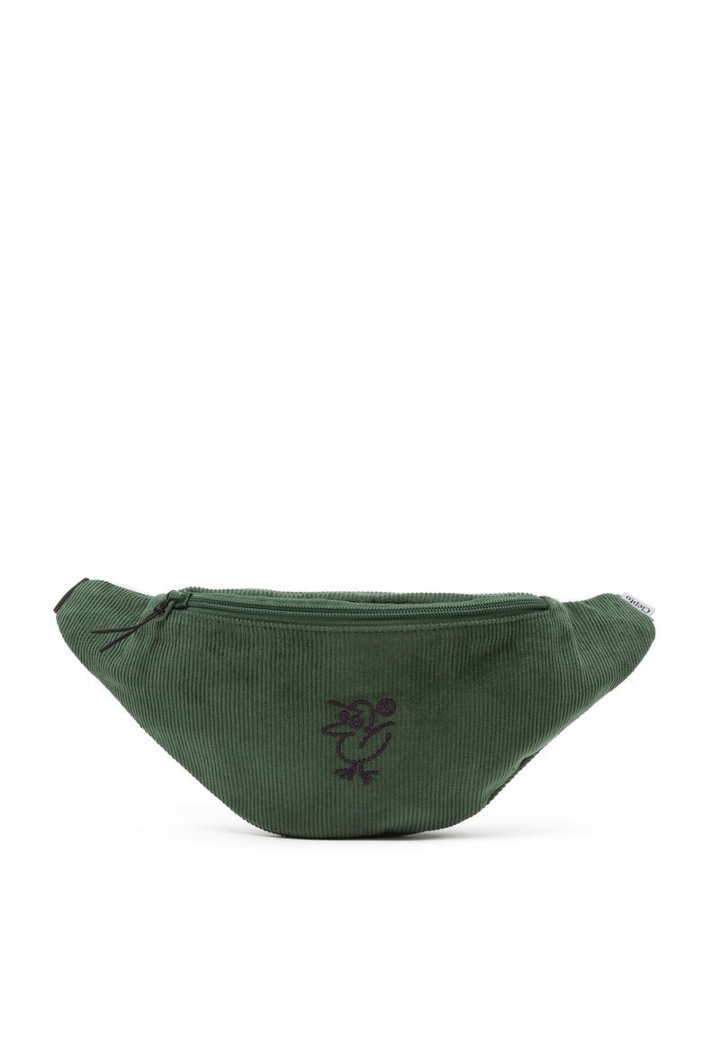 Grüner Corduroy-Gürteltasche mit Reißverschluss. Mit einem lila gestickten Entwurf eines Entens. Glatte Textur, halbrunde Form und kompakte Größe.