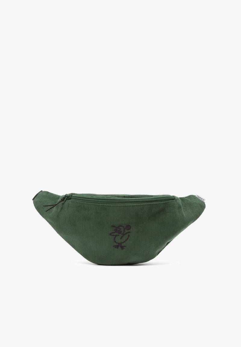 Grüner Corduroy-Gürteltasche mit Reißverschluss. Mit einem lila gestickten Entwurf eines Entens. Glatte Textur, halbrunde Form und kompakte Größe.