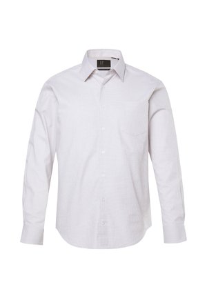 Herren Langarm-Hemd mit Knopfverschluss in leichtem karierten Muster, mit Kragen und Brusttasche, auf weißem Hintergrund präsentiert.