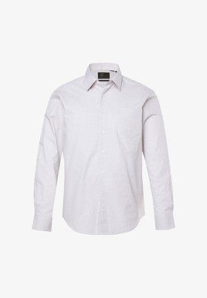 Herren Langarm-Hemd mit Knopfverschluss in leichtem karierten Muster, mit Kragen und Brusttasche, auf weißem Hintergrund präsentiert.