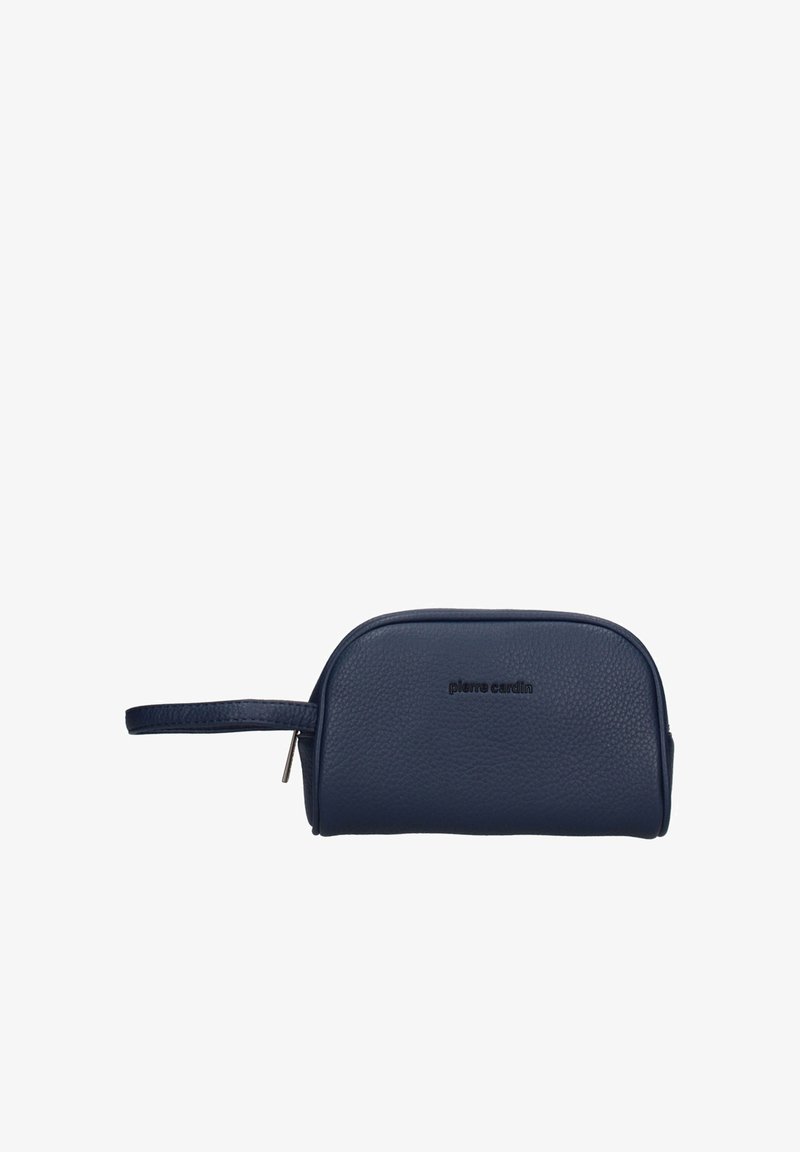Pochette in pelle testurizzata blu navy con cerniera e logo "pierre cardin" impresso sul davanti.