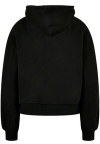Black cropped hoodie with a hood, long sleeves, ribbed cuffs and hem, and a soft, textured fabric. No visible logos or patterns.