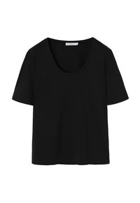 Schwarzes, kurzärmeliges Baumwoll-T-Shirt mit Rundhalsausschnitt, dargestellt vor einem weißen Hintergrund.