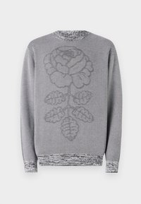 Gray knitted sweater featuring a large rose design, textured fabric, and a patterned ribbed neckline and cuffs.