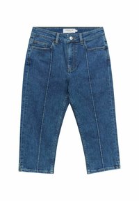 Jean en denim avec un délavage bleu, présentant une coupe droite, des poches avant et une fermeture à bouton. Conception de panneau distinctif sur le devant.