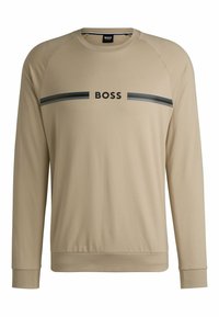 Beige long-sleeve sweatshirt with a crew neck. Features a black "BOSS" logo and two black horizontal stripes across the chest. Soft fabric.