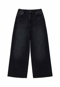 Jeans neri a gamba larga con vita elastica, design a cinque tasche e una leggera texture sbiadita. Presentano hardware metallico e cuciture doppie.