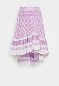 Purple patterned skirt with a smocked waistband, layered ruffles, and contrasting white stripes. Lightweight fabric with various prints.
