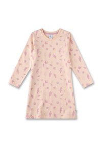 Langärmliges Kleid in sanftem rosa Stoff, das mit einem verstreuten Muster aus Blättern, Eicheln und kleinen Pilzen in lila und gelben Akzenten verziert ist.