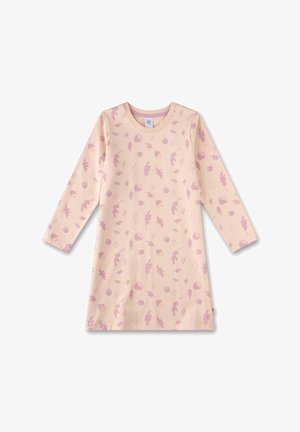 Light pink long-sleeve dress in soft fabric featuring a scattered pattern of leaves, acorns, and small mushrooms in purple and yellow accents.