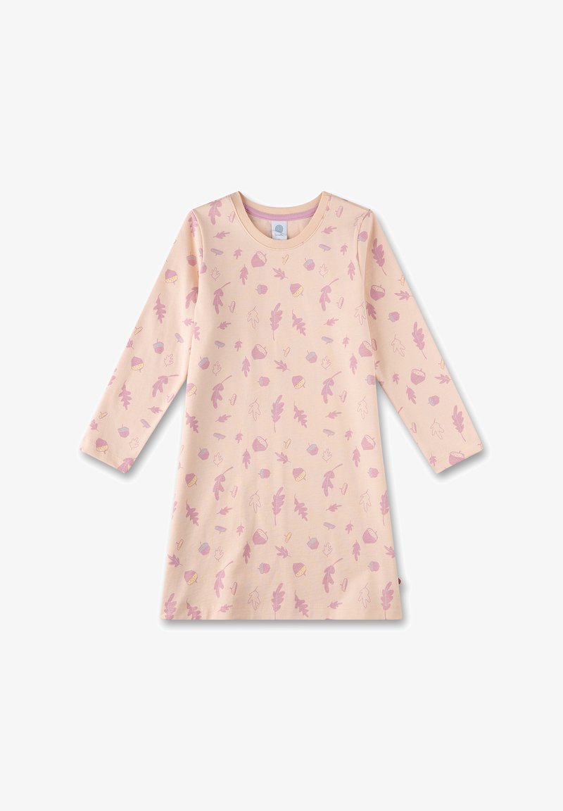 Langärmliges Kleid in sanftem rosa Stoff, das mit einem verstreuten Muster aus Blättern, Eicheln und kleinen Pilzen in lila und gelben Akzenten verziert ist.
