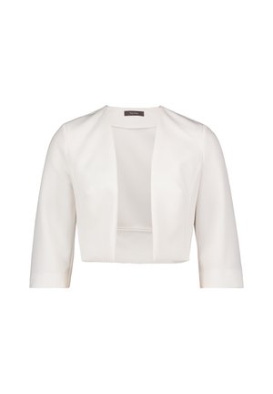 White cropped jacket with three-quarter sleeves, tailored design, and open front. Made from a smooth, slightly shiny material.
