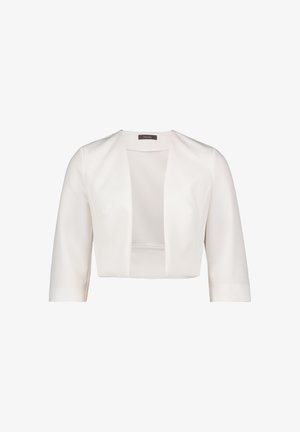 Weiße, taillierte kurz geschnittene Jacke mit Dreiviertelärmeln und offenem Frontdesign. Hergestellt aus einem glatten, leicht glänzenden Material.