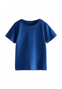 En ensfarvet blå kortærmet t-shirt med rund hals, præsenteret på en hvid baggrund.