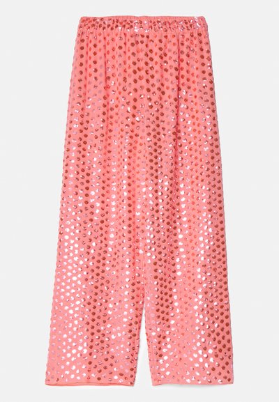 Pink, wide-leg pants made of lightweight fabric, featuring shimmering sequins in pink and copper patterns, with an elastic waistband.