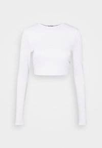 Weißes langärmeliges Cropped-Top aus glattem Baumwollstoff. Verfügt über einen runden Halsausschnitt und minimale Nähte für ein sauberes, schlichtes Design.