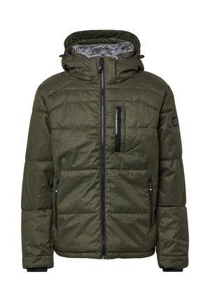 Olīvu zaļš pūkains jaka ar mākslīgās kažokādas odere kapuci, ar rāvējslēdzēja priekšpusi un divām sānu kabatām. Strukturēts audums ar izšūtu dizainu.