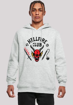 Gray hoodie featuring a graphic print of a red skull with horns, "HELLFIRE CLUB" text, and illustrations of swords and a chain.