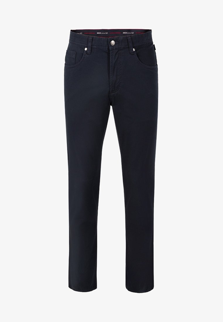 Ciemnogranatowe spodnie wykonane z mieszanki bawełny. Slim fit z przodu kieszeniami, z zapięciem na guzik i subtelnymi detalami stębnowania.