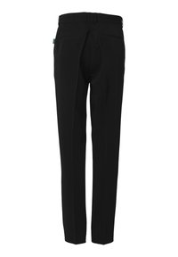 Zwarte broeken met een recht model, gemaakt van een gladde stof. Bevat zijzakken en een tailleband met een riemlus.