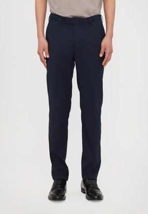 Navy blue trousers made of lightweight fabric, featuring a straight-leg design, belt loops, and a single button closure.