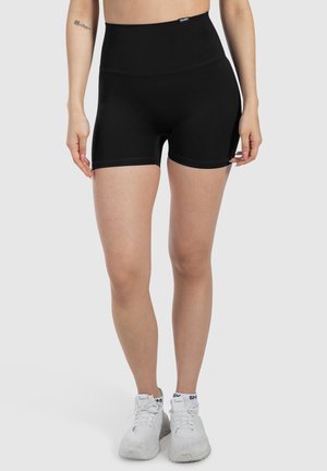 Zwarte shorts met hoge taille, gemaakt van rekbaar materiaal, met een gladde textuur en nauwkeurige stiksels. Ontworpen voor comfort en bewegingsvrijheid.