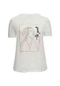 Weißes Baumwoll-T-Shirt mit einem linierten Gesichtsgrafik in Schwarz und goldenen Akzenten, versehen mit dem Text "Sei du selbst" in stilisierter Handschrift.
