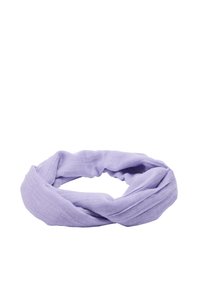 Fioletowa, teksturowana opaska na głowę wykonana z miękkiej tkaniny, o wydłużonym, skręconym kształcie i bezszwowym designie dla wygody.